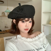 韩版 百搭显脸小黑色画家帽甜美可爱 格纹贝雷帽女四季