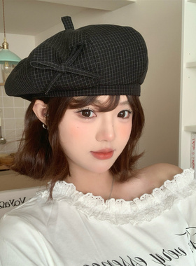 韩版格纹贝雷帽女四季百搭显脸小黑色画家帽甜美可爱