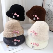 羊羔毛蝴蝶结毛绒渔夫帽女2025年秋冬季 显脸小百搭帽子保暖盆帽潮
