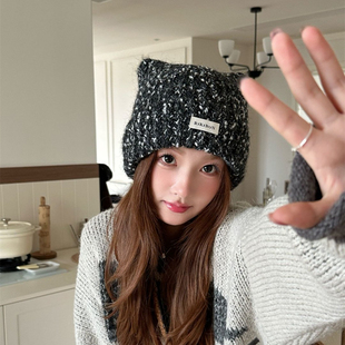 猫耳朵帽子女款可爱毛线帽冷帽大头围冬季加厚防寒保暖针织毛绒帽