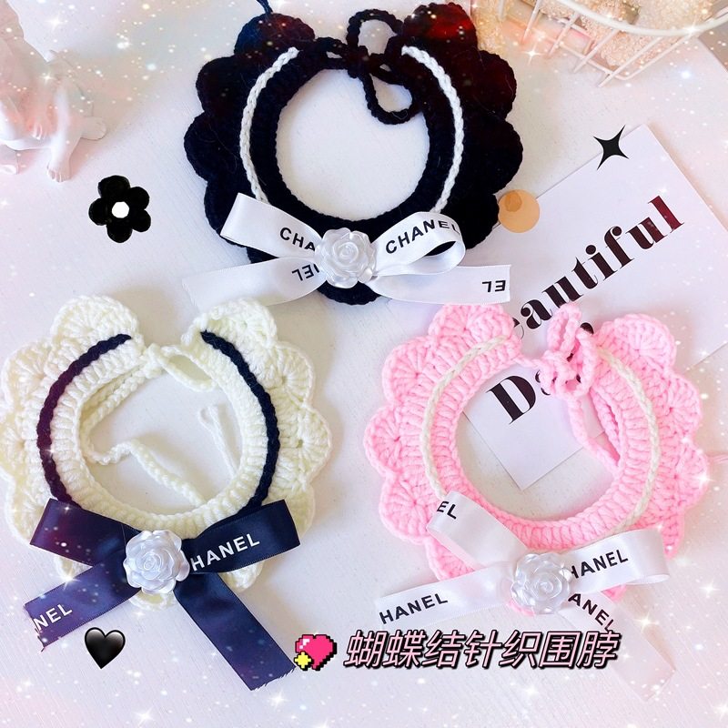 猫咪狗经典复古蝴蝶结毛线围脖宠物猫狗针织花朵针织围巾围嘴领结
