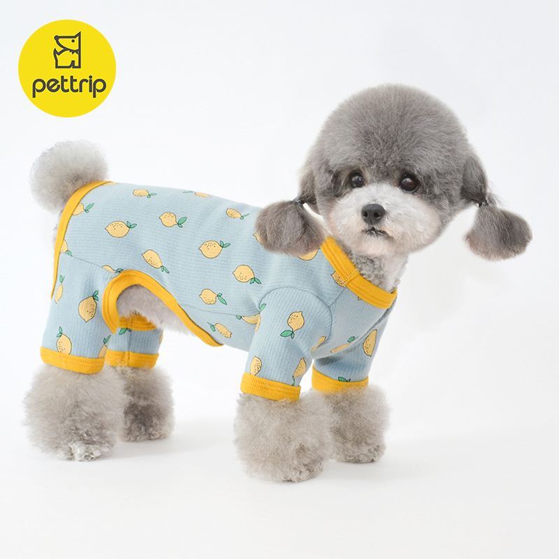宠物四脚衣泰迪博美狗衣服柠檬印花四脚衣睡衣小型犬家居空调服软
