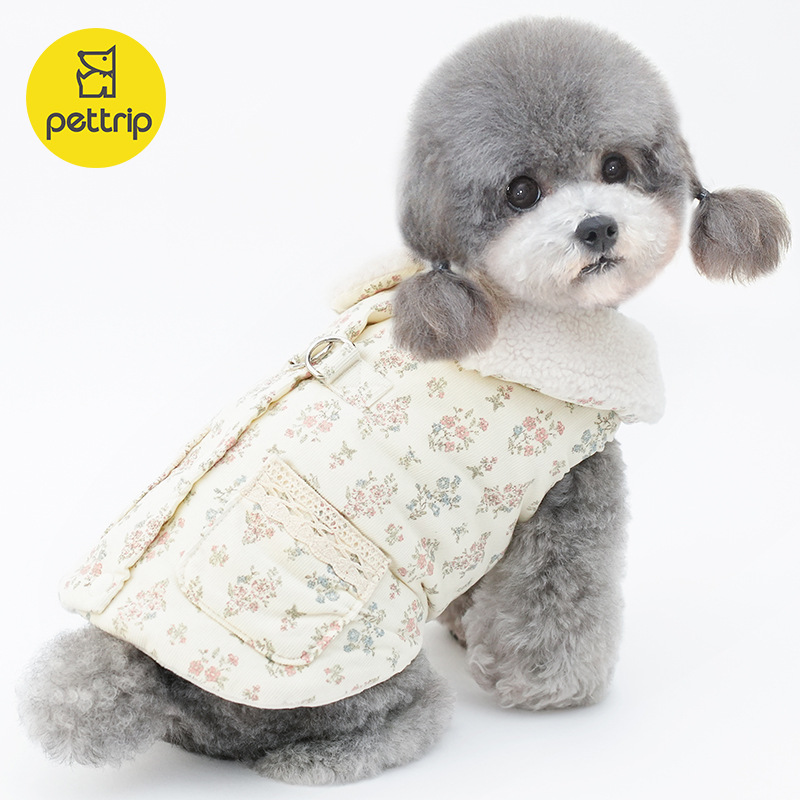 秋冬装宠物棉衣小狗猫咪灯芯绒毛领后开襟马甲加绒加厚背心可牵引