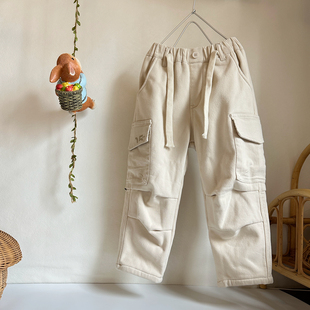 特价清版儿童加绒工装裤秋冬季男童休闲保暖一体绒口袋直筒裤长裤