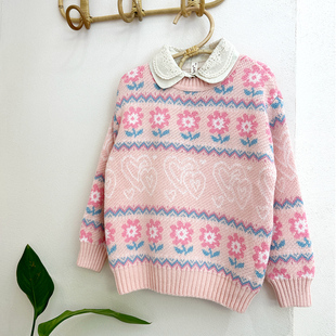 秋冬新品小乐猪棉线毛衣女童中大童外穿针织衫假2件翻领毛线上衣