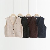 小众设计感异形扣花纱V领针织马甲秋冬款 宽松叠穿毛衣外套8812