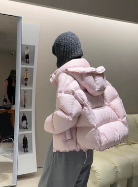 云朵泡芙连帽羽绒服女短款2025冬新款韩系宽松90白鸭绒小个子外套