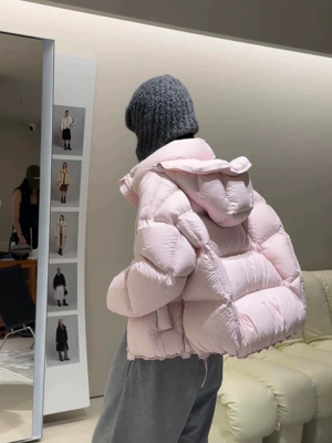 云朵泡芙连帽羽绒服女短款2025冬新款韩系宽松90白鸭绒小个子外套