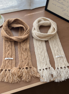 羊毛纯色麻花针织围巾手工流苏保暖围脖韩版百搭学生情侣服装配饰
