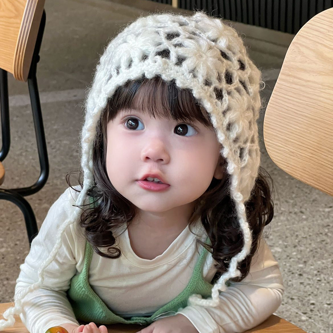 婴儿帽子秋冬季韩版洋气女宝宝手工针织帽女童镂空公主护耳毛线帽