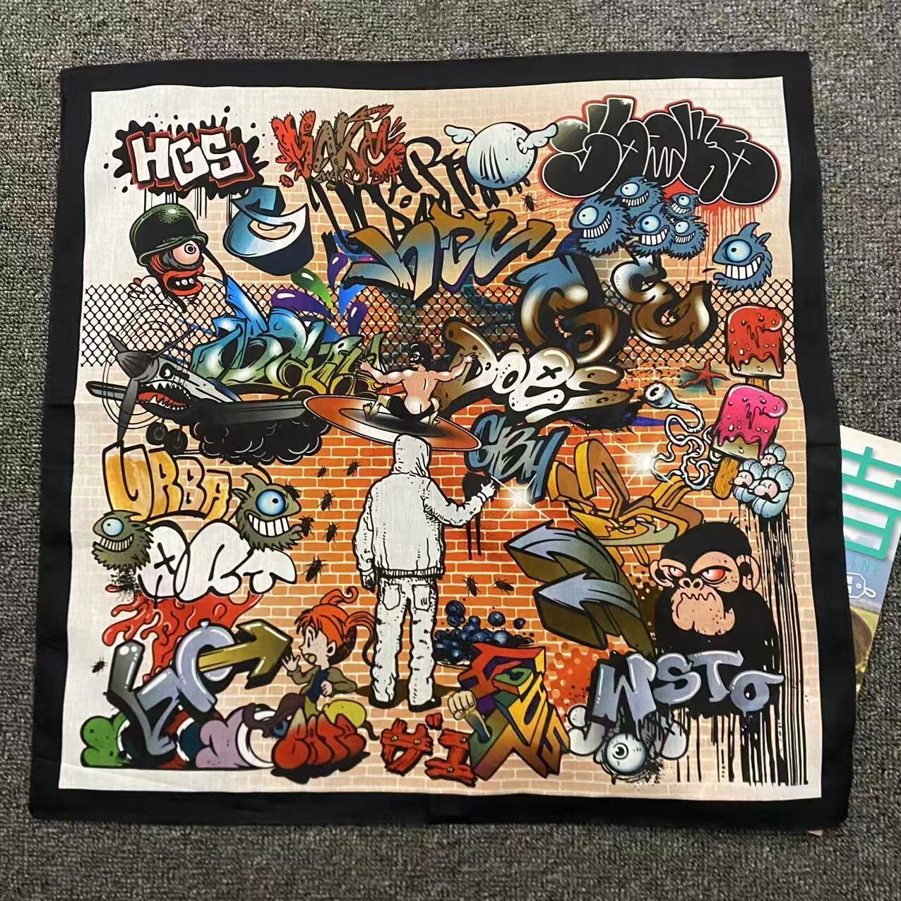 复古印花方巾潮牌街头领巾棉hiphop街舞骑士机车头巾遮阳围脖面巾