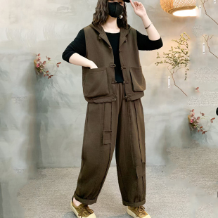 长裤 两件套休闲宽松减龄马甲时尚 外套哈伦 新款 文艺复古棉麻套装