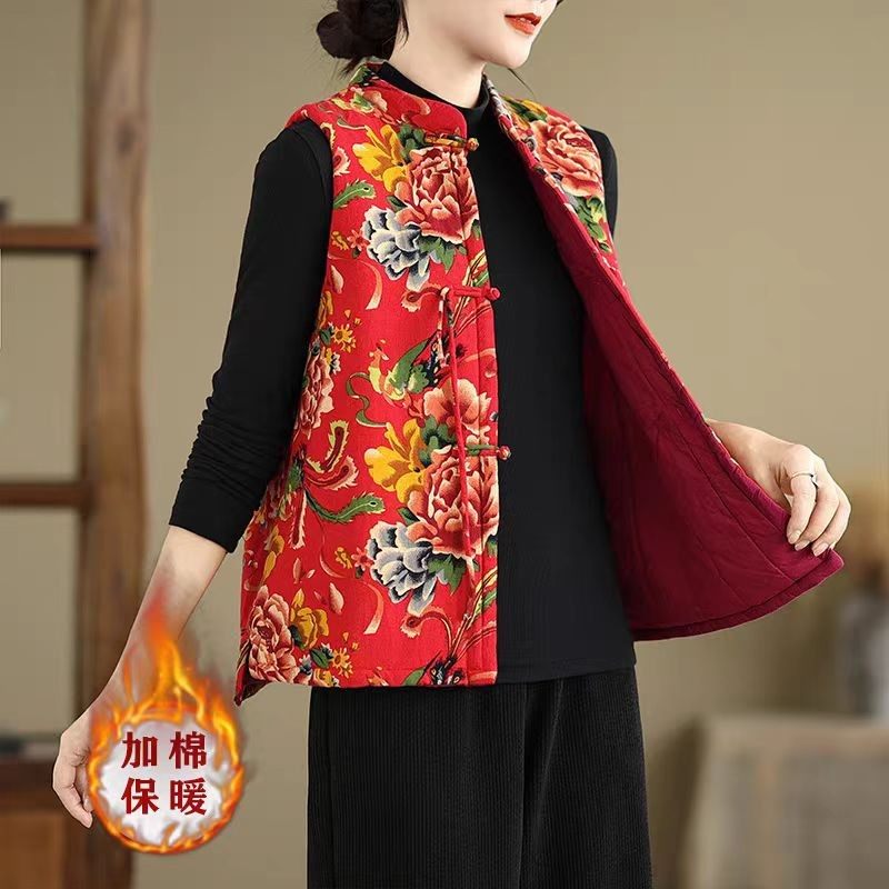 东北大花民族女二新款棉麻背心盘扣马甲中式外套无袖复古印花坎肩,女装/女士精品,马夹,淘宝优惠券,粉丝福利购,淘宝优惠卷