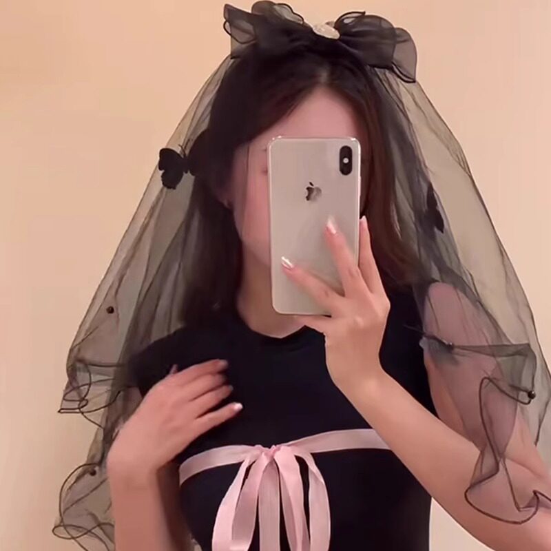 黑色头纱蝴蝶结插梳万圣节日装扮cos魔女拍照道具鬼魅新娘发饰女