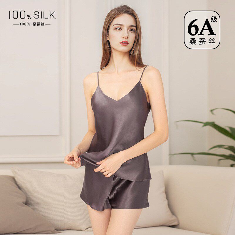 外贸跨境夏季新款性感风真丝睡衣女100%桑蚕丝吊带短裤家居服套装