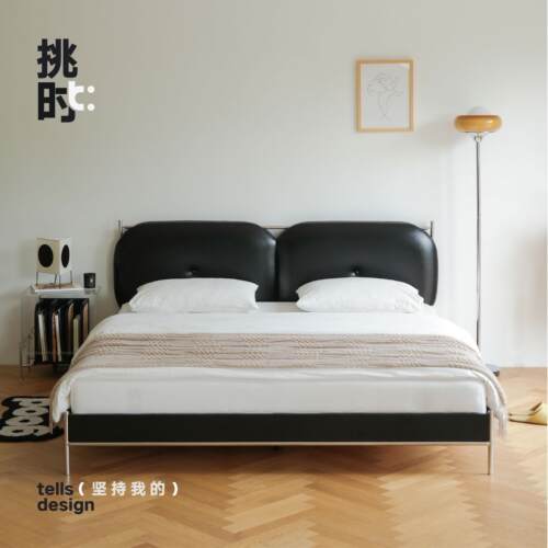 挑时原创包豪斯风轻奢黑色皮质床