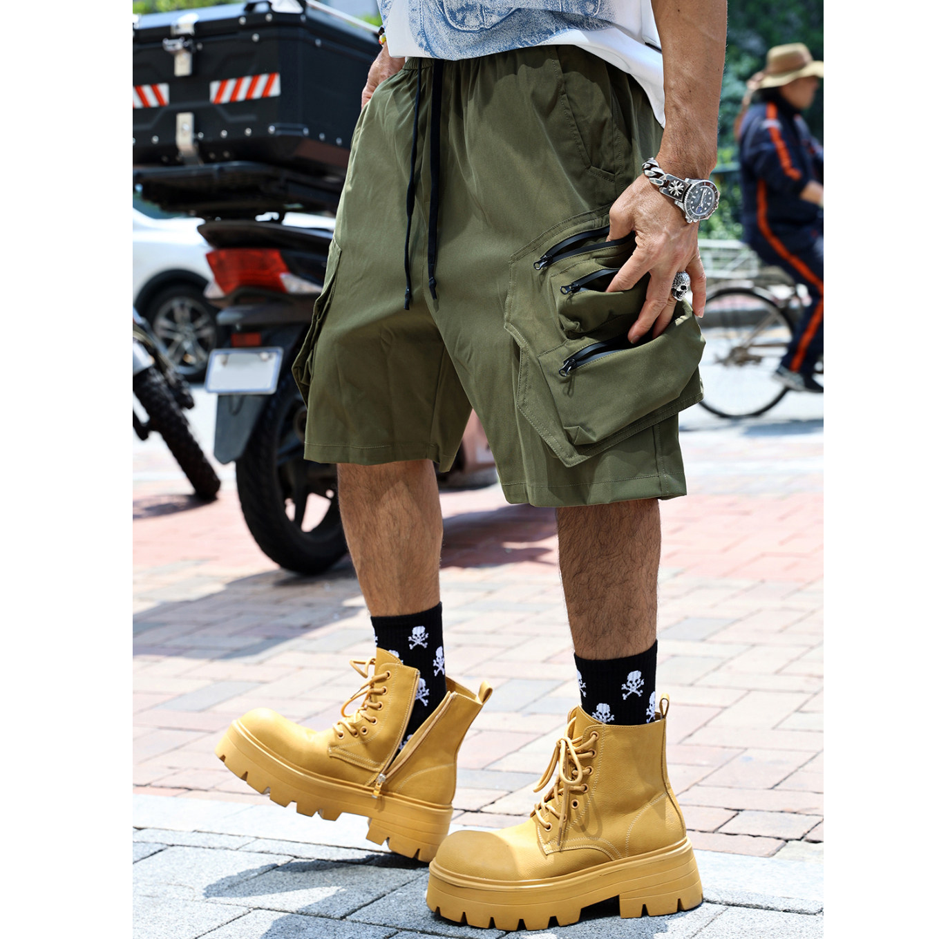 韩国潮牌休闲短裤韩版机车夏季新款纯色多口袋系带松紧腰工装裤男