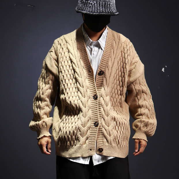 韩国潮牌秋季宽松复古麻花V领针织衫 做旧纯色慵懒开衫毛衣外套男