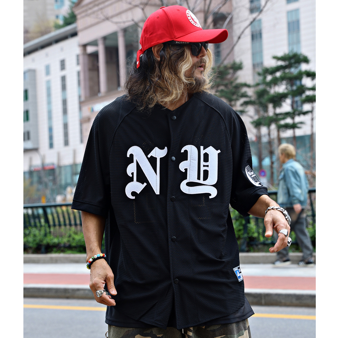 韩国潮牌短袖无领衬衣夏季男女哥特字母印花网眼运动休闲宽松衬衫