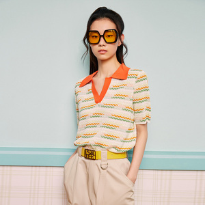 诗篇折扣女装2023夏v领莱赛尔亚麻减龄撞色条纹短袖毛针织衫T恤