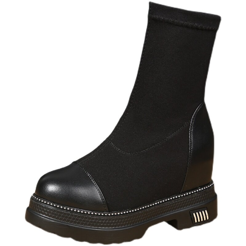 THICK-SOLED BOOTS INNER HEIGHTENED SOCK BOOTS MEDIUM BOOTS SINGLE BOOTS FLEECE COTTON BOOTS WOMENS MARTIN BOOTS SMALL ONE-FOOT SHOES
