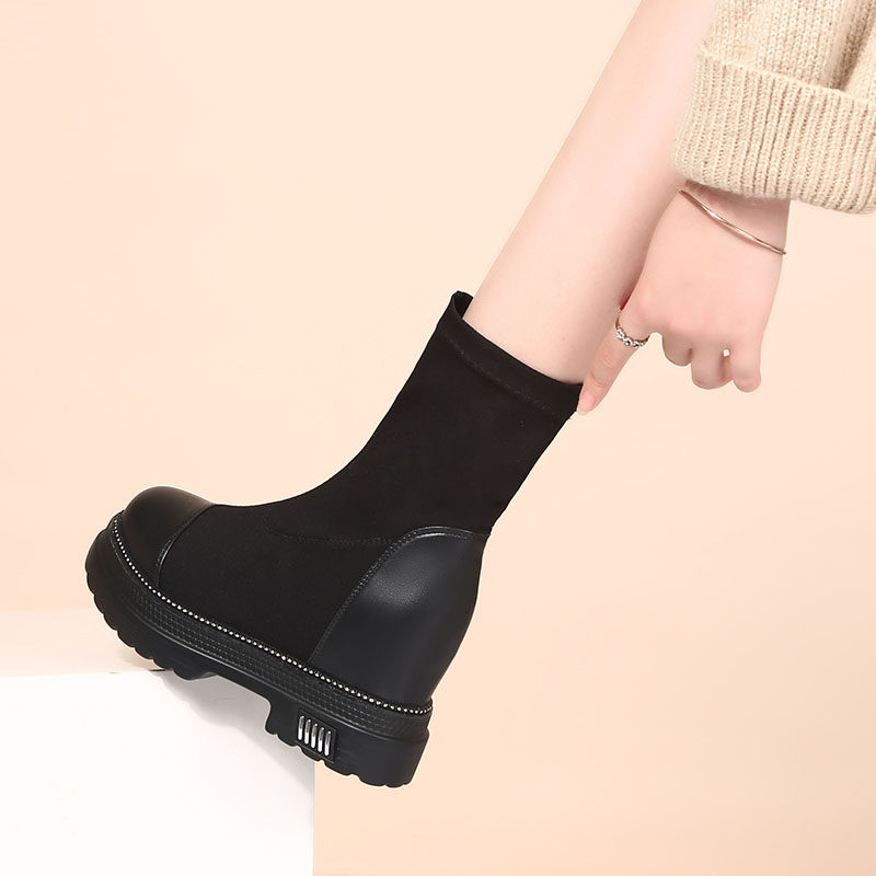 THICK-SOLED BOOTS INNER HEIGHTENED SOCK BOOTS MEDIUM BOOTS SINGLE BOOTS FLEECE COTTON BOOTS WOMENS MARTIN BOOTS SMALL ONE-FOOT SHOES