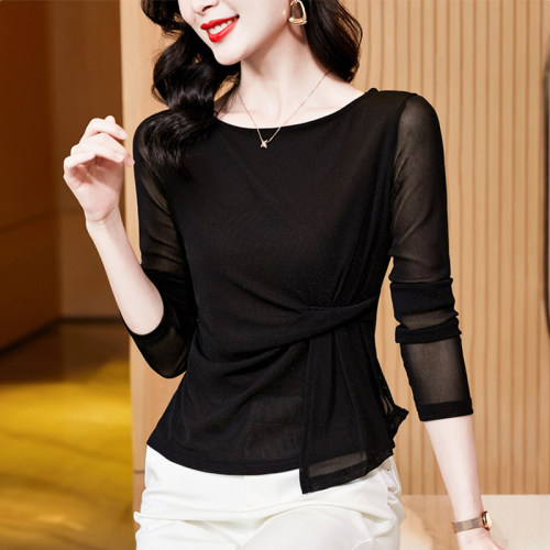 黑色网纱打底衫女蕾丝上衣