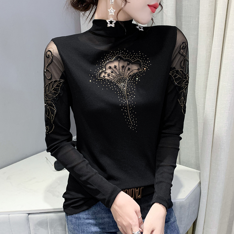 半高领镂空烫钻打底衫女