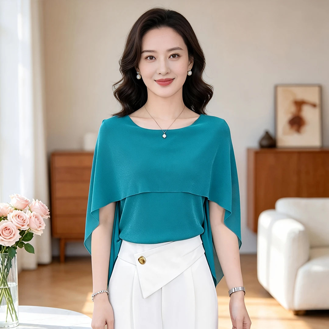 气质斗篷式网纱上衣女2026夏季新款披肩假两件遮肉显瘦短袖小衫图片