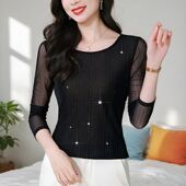 T恤蕾丝小衫 气质优雅网纱打底衫 长袖 新款 圆领烫钻上衣女内搭春装