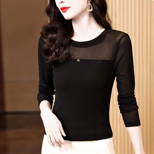 女内搭秋季 T恤小衫 2026新款 长袖 蕾丝上衣 修身 圆领黑色网纱打底衫