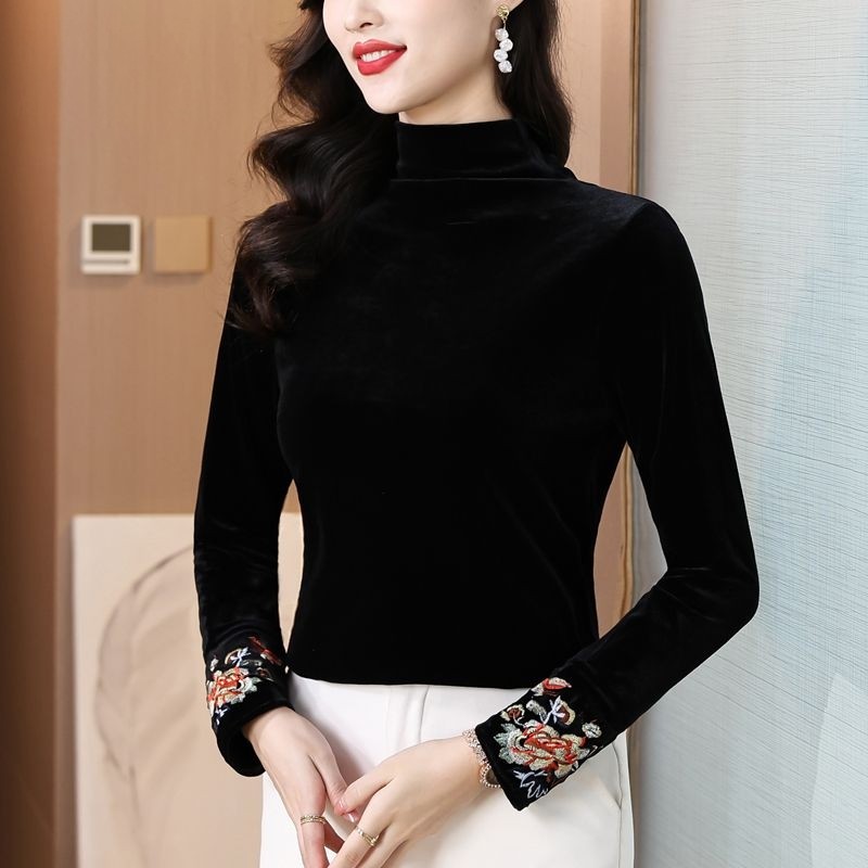 新中式国风绣花高领金丝绒上衣女高贵减龄小衫长袖内搭打底衫t恤,女装/女士精品,T恤,淘宝优惠券,粉丝福利购,淘宝优惠卷