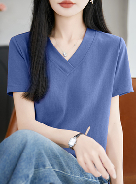 高级感V领洋气半袖正肩体恤宽松遮肚子上衣女夏季新款百搭t恤小衫