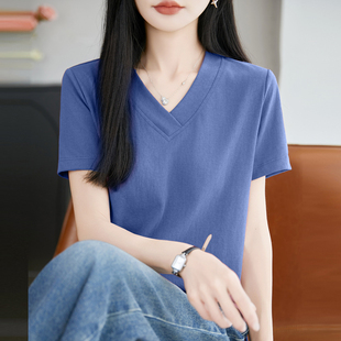 高级感V领洋气半袖正肩体恤宽松遮肚子上衣女夏季新款百搭t恤小衫
