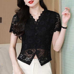 超仙短款 蕾丝镂空绣花短袖 新款 女2026年夏季 小个子遮肚子上衣 t袖