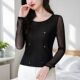 T恤2026春季 长袖 新款 洋气修身 时尚 上衣蕾丝衫 圆领亮片网纱打底衫