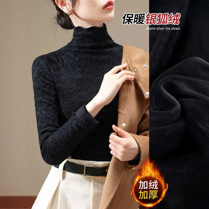 黑色蕾丝打底衫女秋冬2025年新款加绒加厚t恤木耳边高领长袖上衣