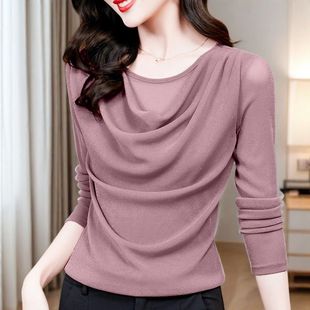 蕾丝打底衫 新款 遮肚显瘦上衣 t恤女内搭2026年秋季 堆堆领网纱长袖