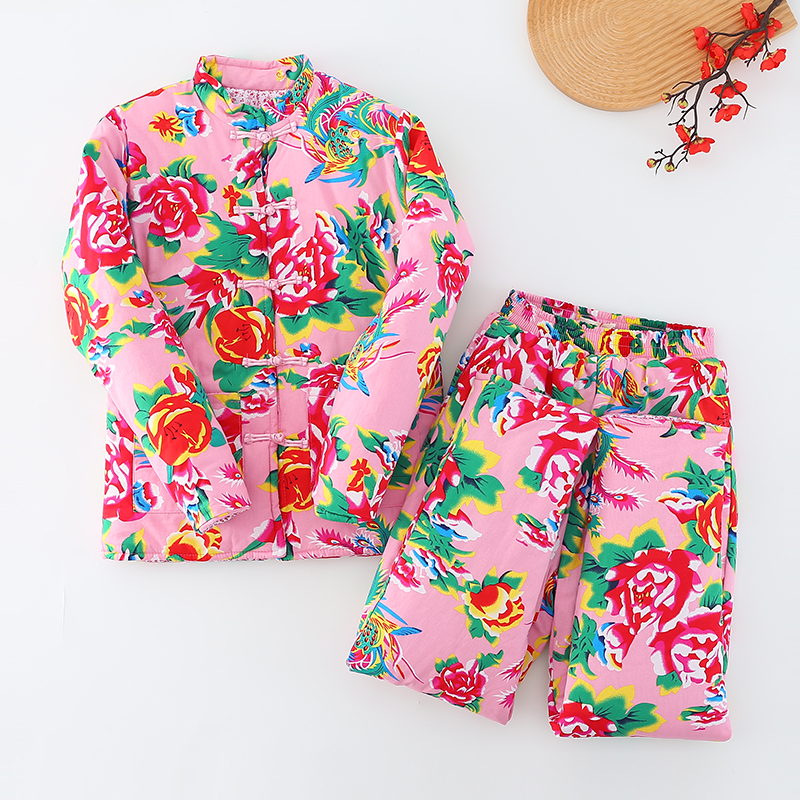 大花布丝绵棉衣棉裤加厚套装