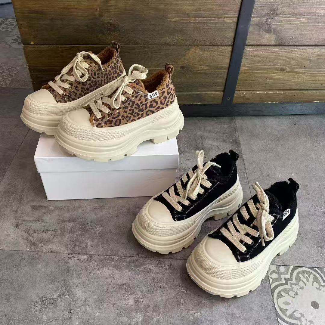 2025新款韩系加绒豹纹板鞋厚底增高7cm小个子天菜
