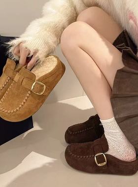 内增高真皮勃肯半拖女款秋冬一脚蹬懒人加绒厚底包头拖551-1107