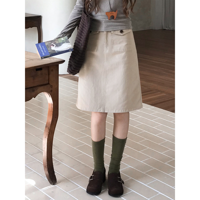 精分 桥分野色 卡其双口袋复古高腰遮胯显瘦A字中裙半身裙