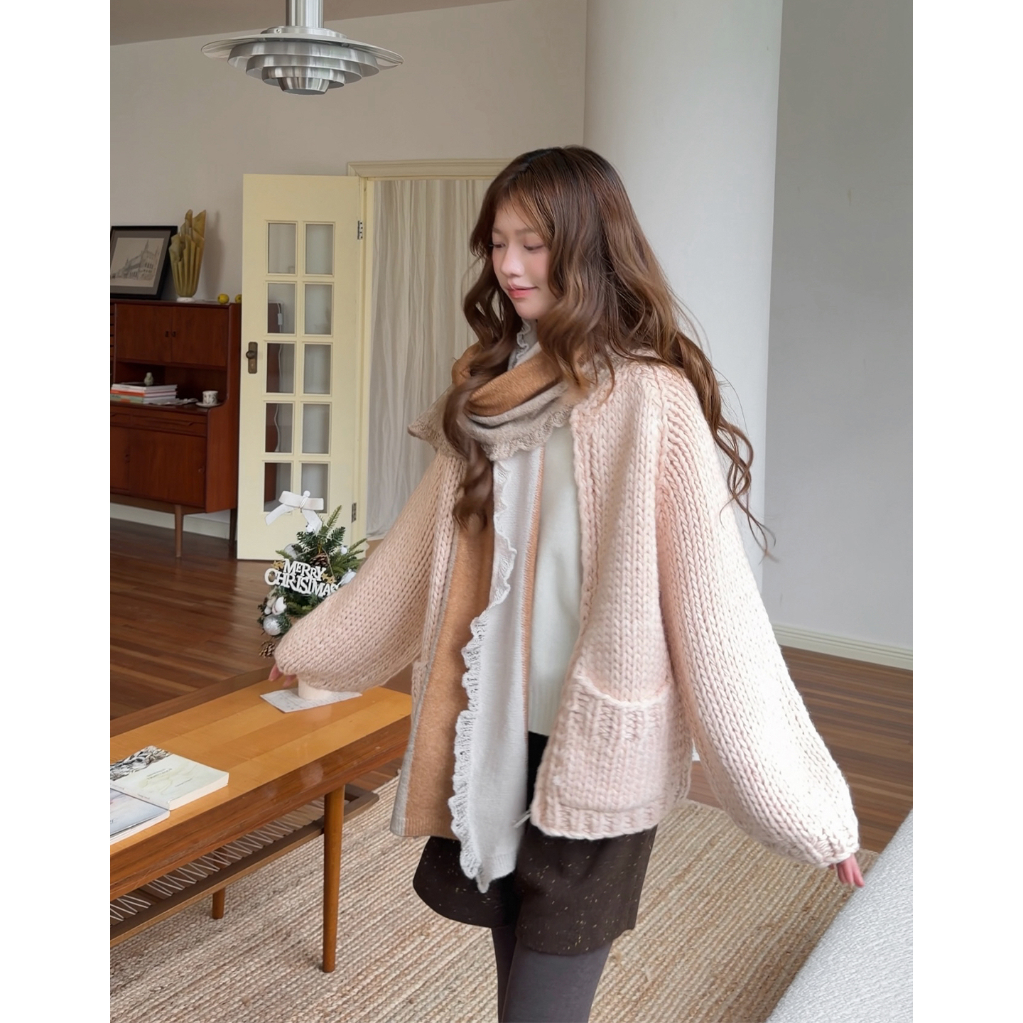 精分 一场绽放在白日里的粉色烟火 韩系羊毛手工粗针编织毛衣外套