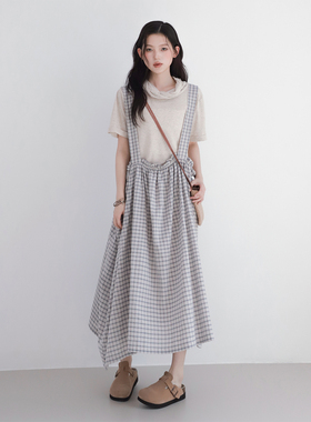 精分 尤加利果 文艺日系宽松格纹木耳边可调节背带裙春夏