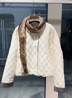 菱格绗缝薄款棉服女2026秋冬围巾圆领短外套轻薄棉衣休闲百搭上衣