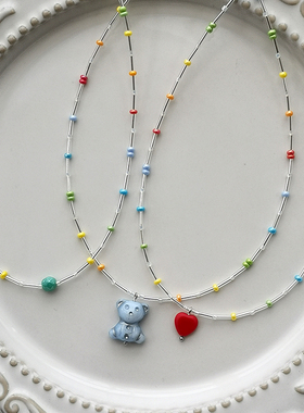 花糖｜小清新串珠彩色珠撞色项链甜美百搭爱心小熊小众叠戴