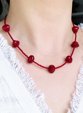 花糖｜春节幸运红色项链本命红西亚琉璃女小众轻复古设计色彩极简