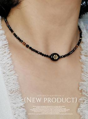 花糖｜自己的浪漫｜轻复古黑金印章花黑尖晶捷克琉璃串珠项链饰品
