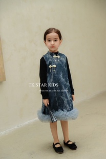 Tk star女童连衣裙秋冬款加绒旗袍裙国风盘扣背心裙高级感牛仔裙