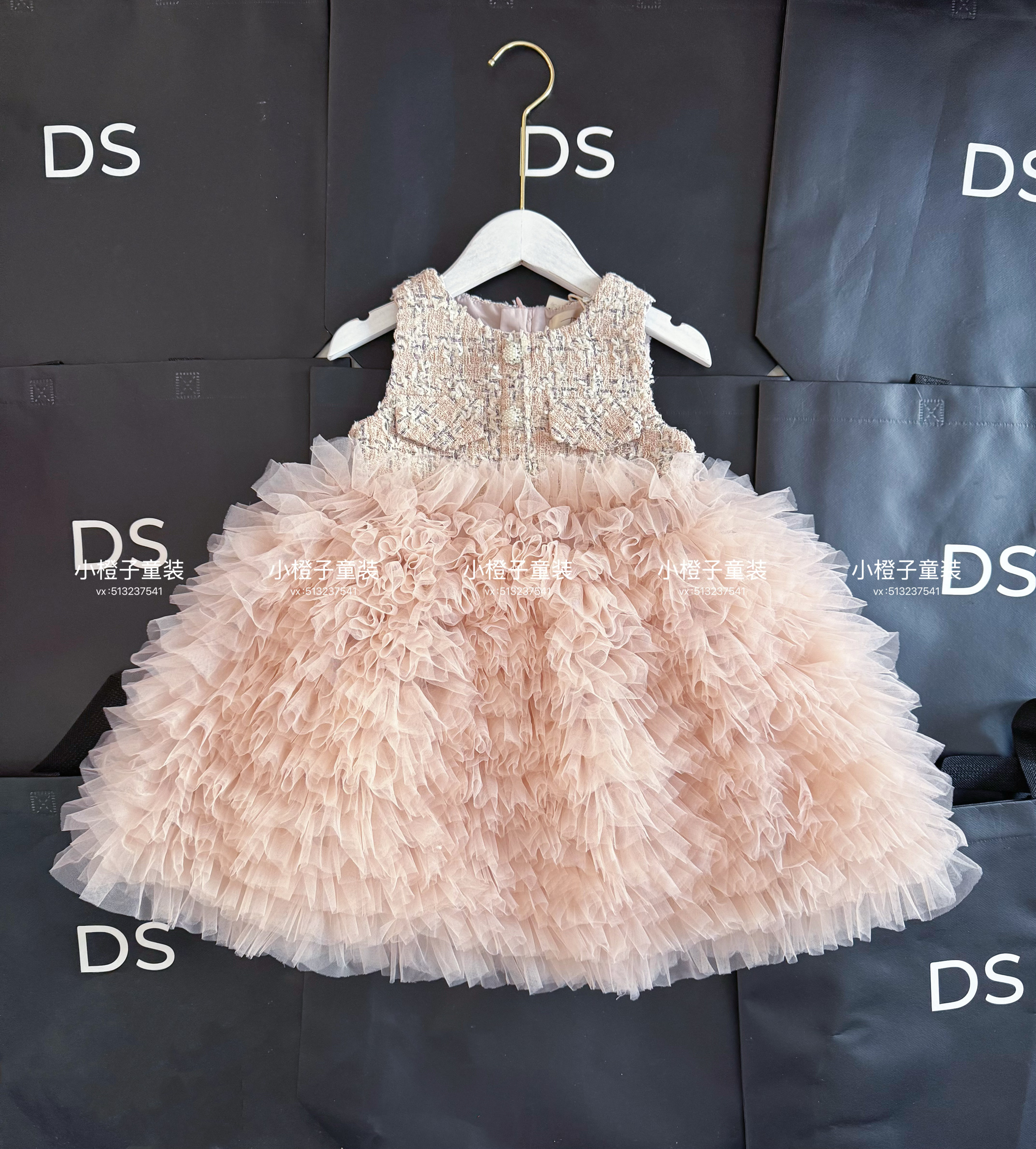 Ds正版女童公主裙新款甜美网纱蛋糕裙小香风拼接连衣裙生日礼服